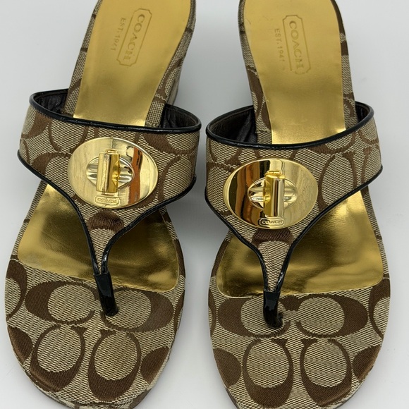 Coach Brown Signature Jacquard Thong Sandals with Gold Medallions - Picture 7 of 9